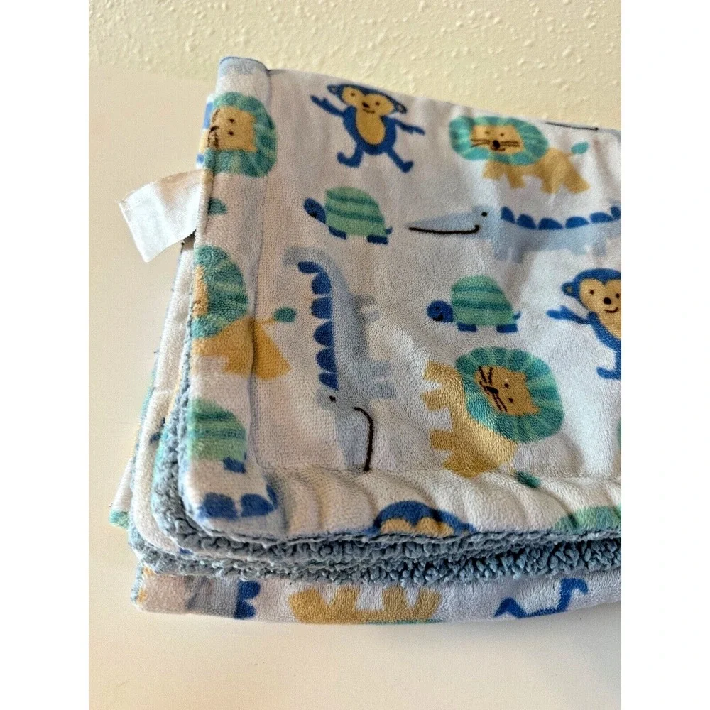 Luvable Friends Baby Blanket Safari Blue Monkey Lion Alligator Turtle Sherpa